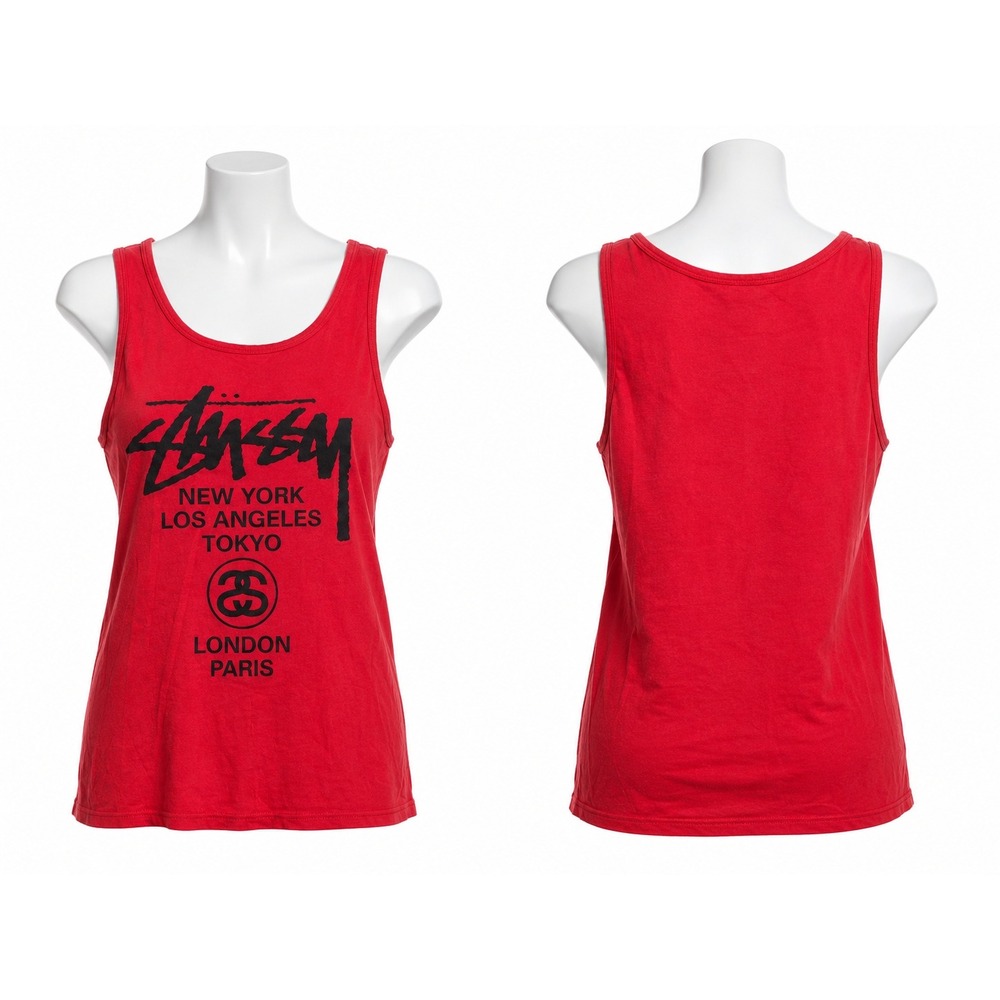 Stussy World Tour Graphic Tank Top Red Mens XL Sleeveless Streetwear Tee
